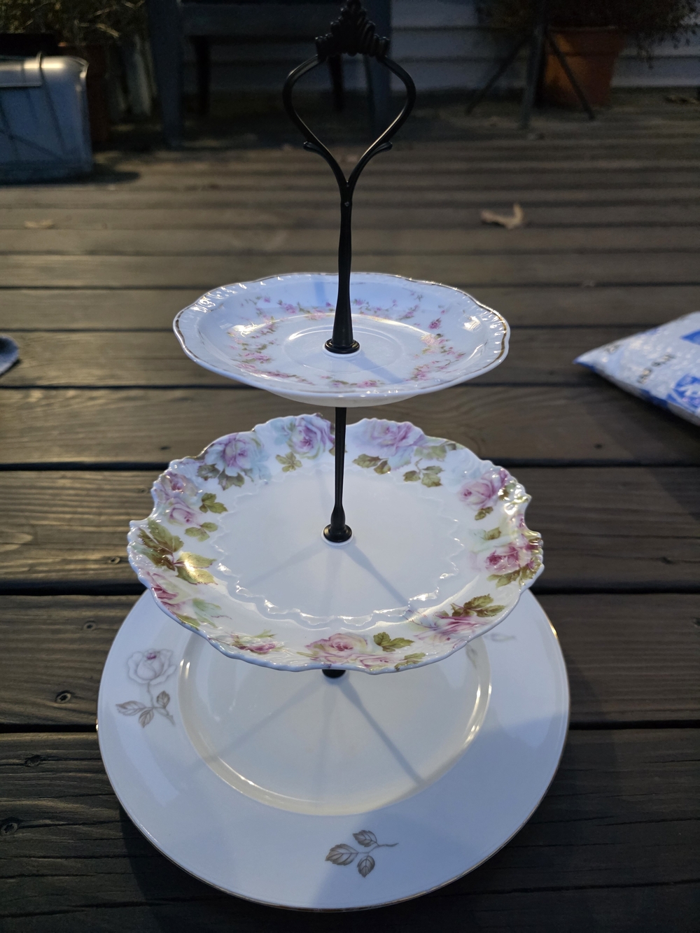 Three-Tier Porcelain Serving Stand with Pink Rose Pattern